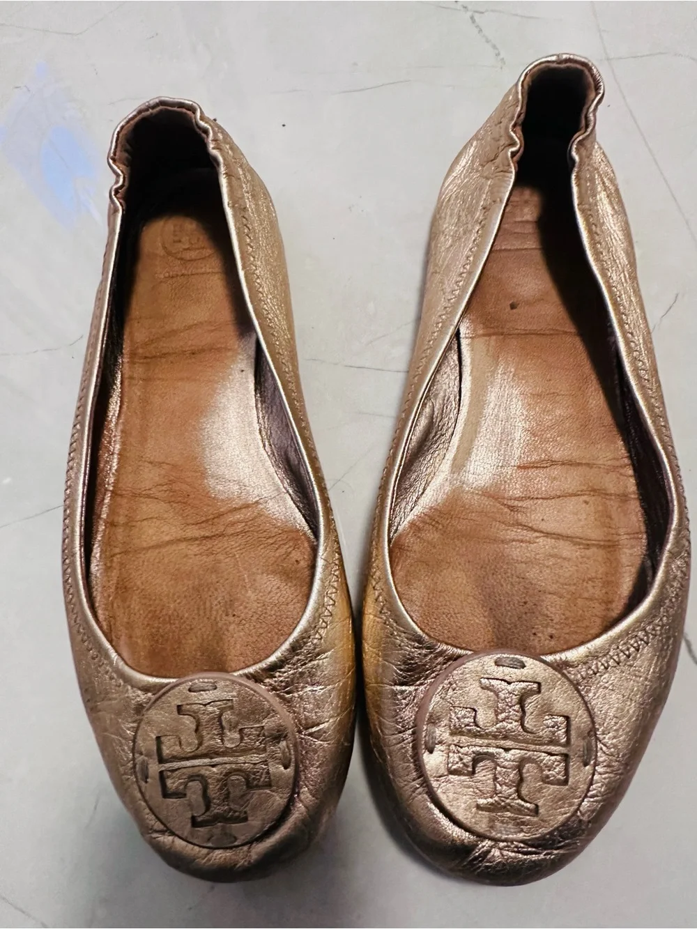 Tory Burch Rose Gold Logo Leather Ballet Flats
